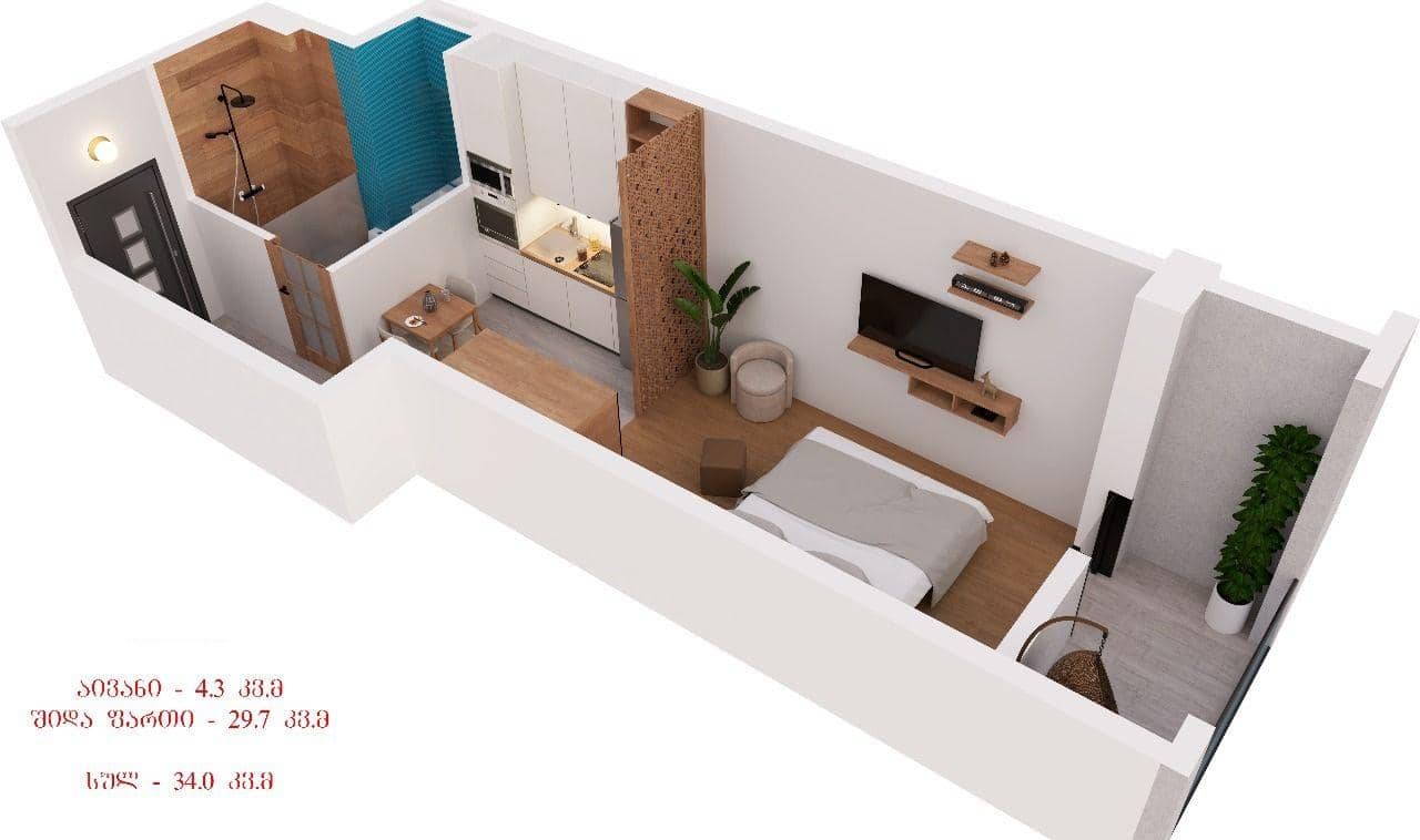 单间, 34 m²