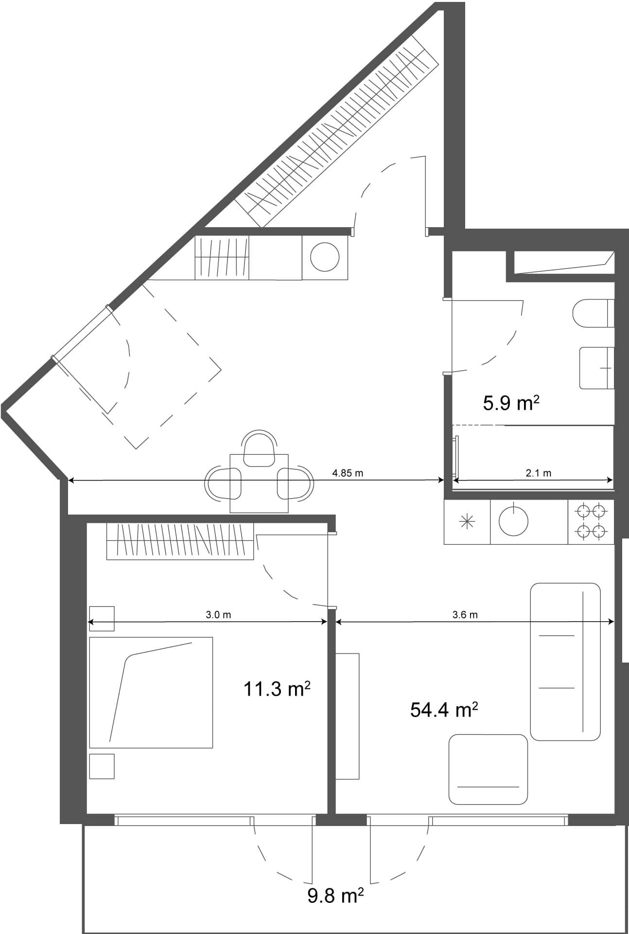 一居室, 64.2 m²