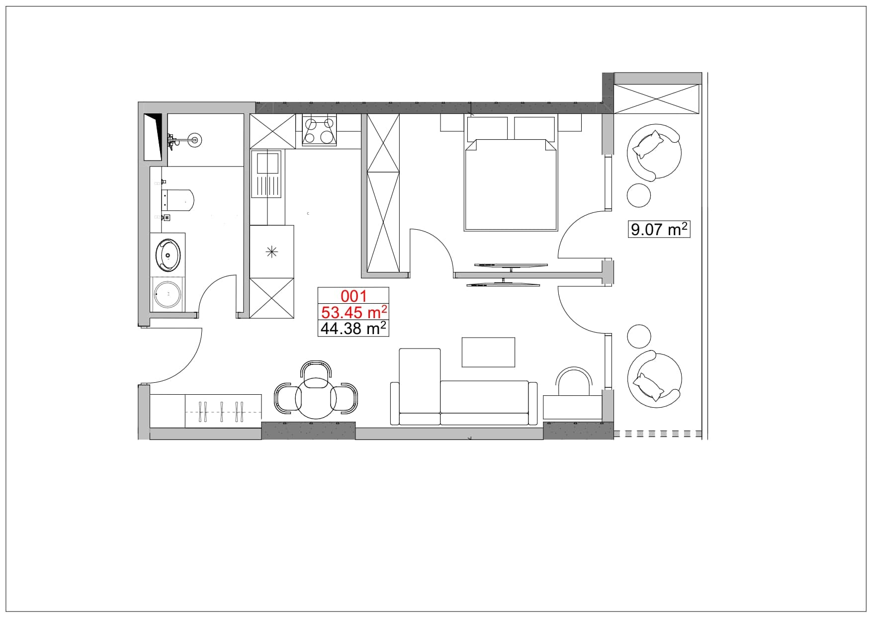 1-room, 53.5 m²