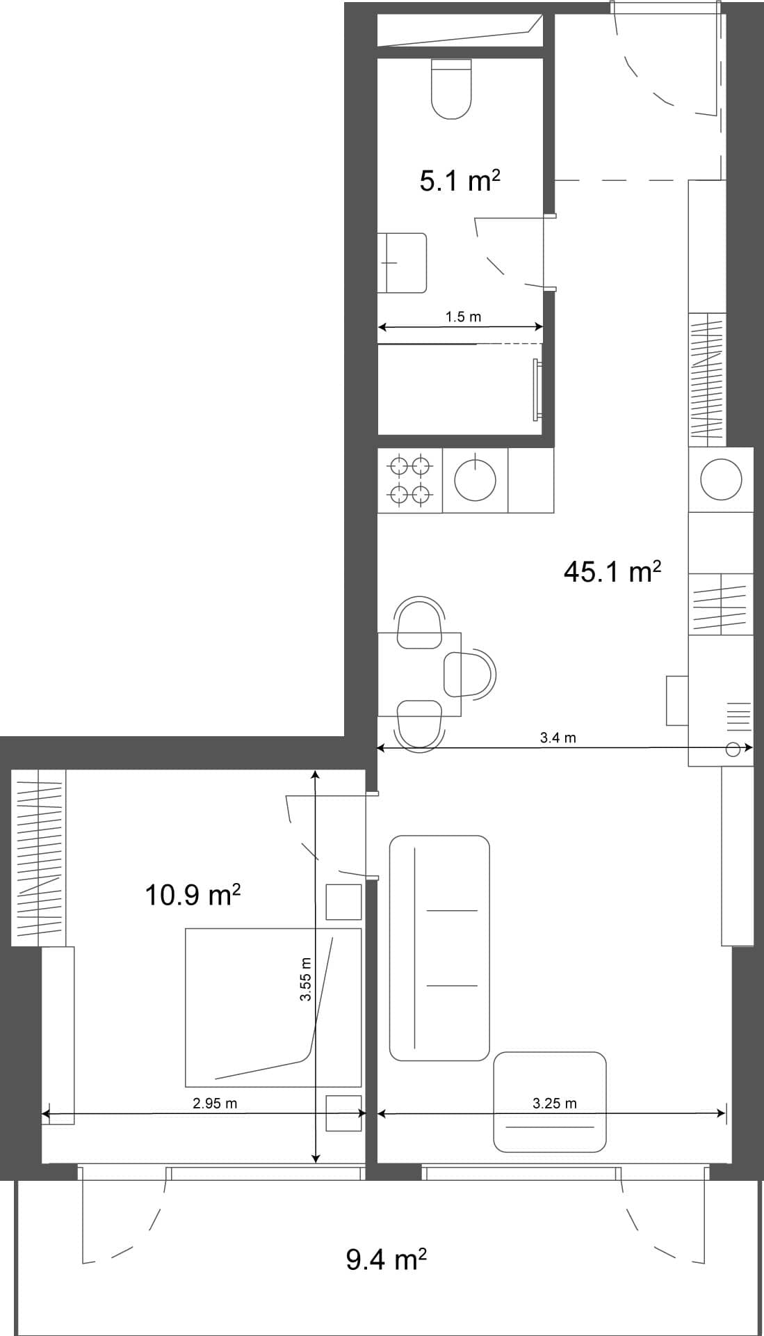 1-комн., 54.5 м²