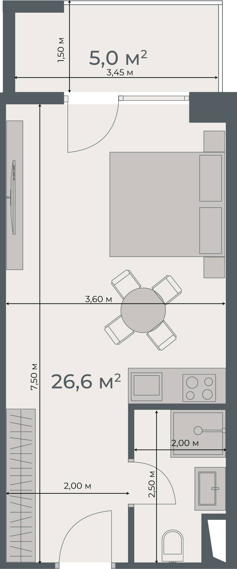 Студия, 31.6 м²