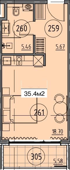 单间, 35.4 m²