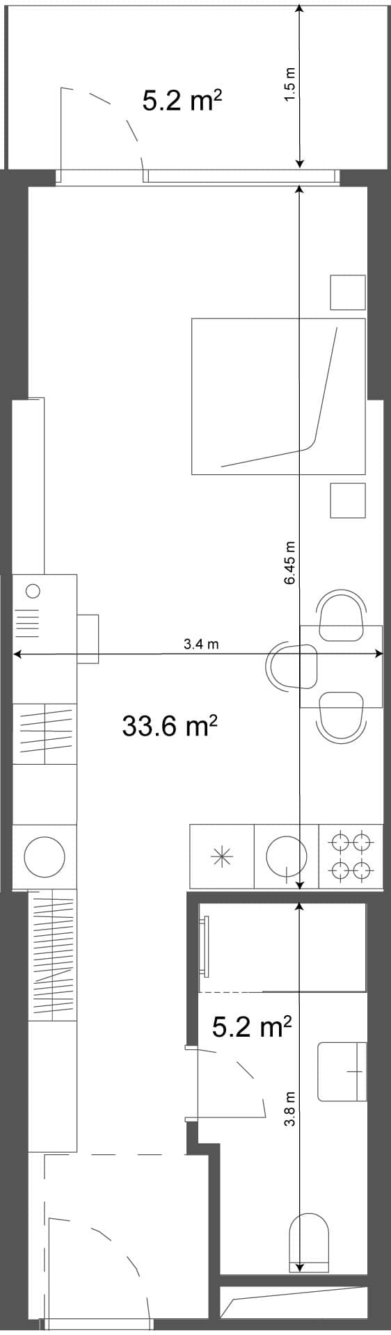 استوديو, 38.8 م²
