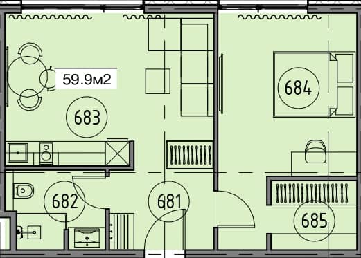 1-комн., 59.9 м²