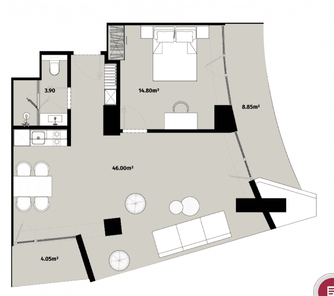一居室, 77.6 m²