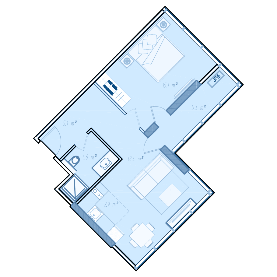 一居室, 53.6 m²