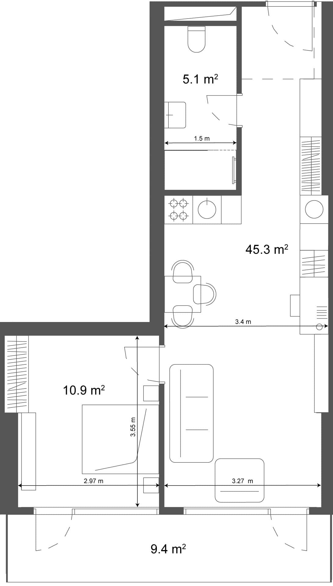 1-комн., 54.7 м²