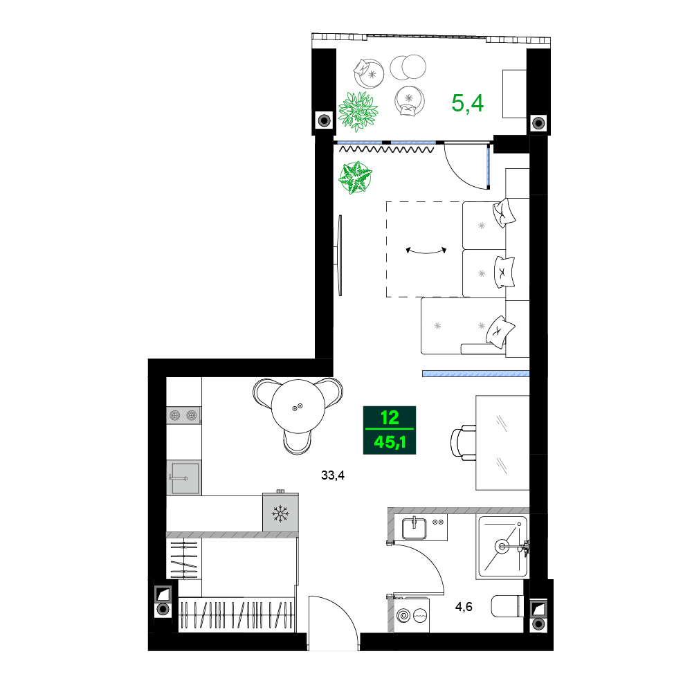 2-комн., 45.1 м²