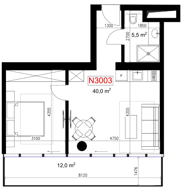 1-комн., 57.5 м²
