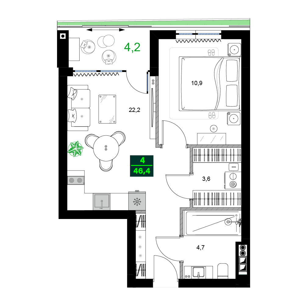 两居室, 46.4 m²