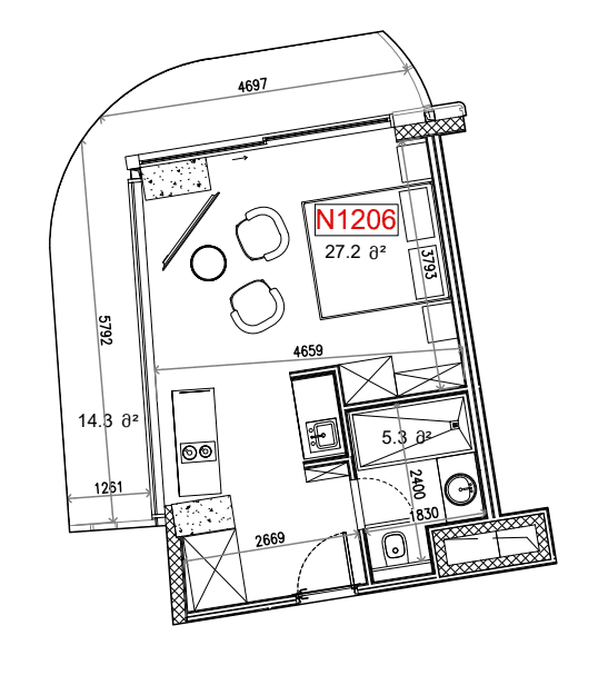 Студия, 46.8 м²