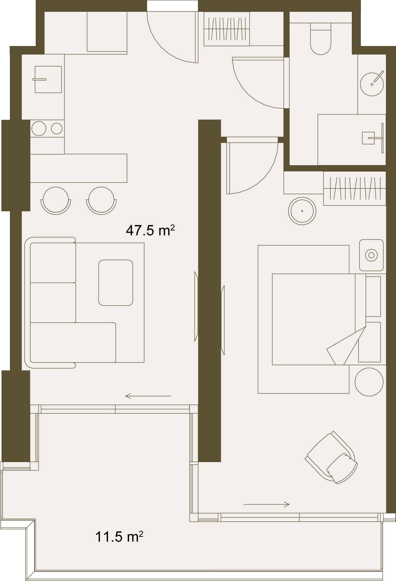 1-room, 59 m²
