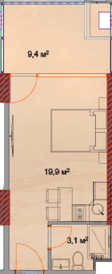 استوديو, 33.1 م²