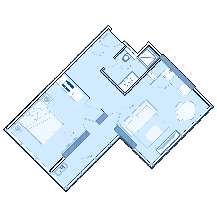 1-комн., 53.6 м²
