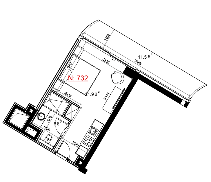 Студия, 39.4 м²