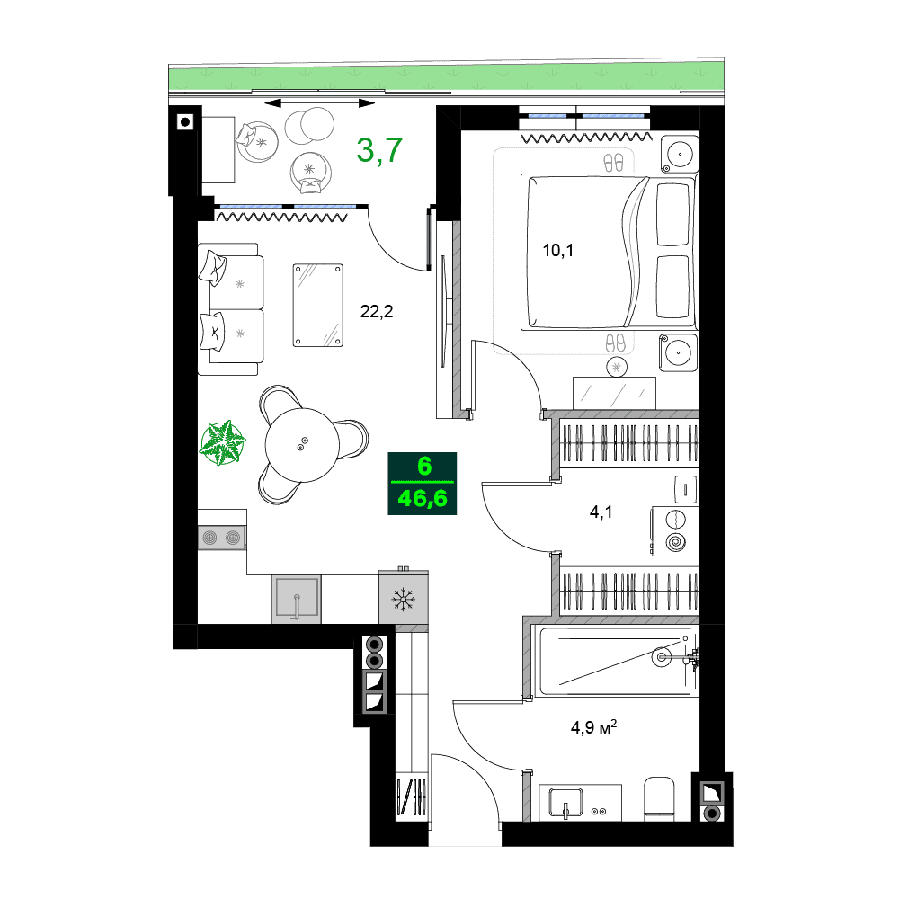 两居室, 46.6 m²