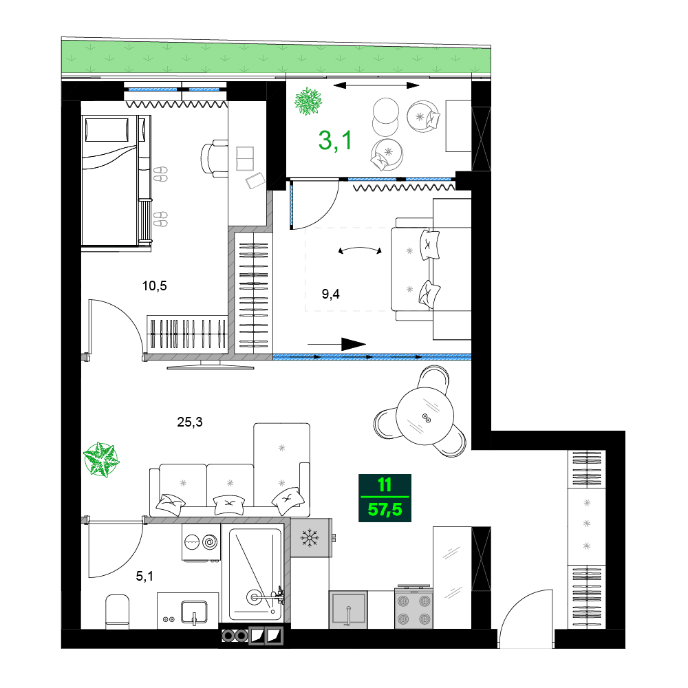 三居室, 57.5 m²