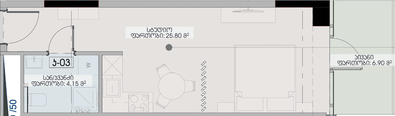 استوديو, 36.9 م²