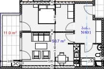 一居室, 61.7 m²