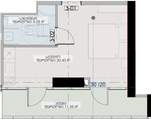 1-room, 36.8 m²
