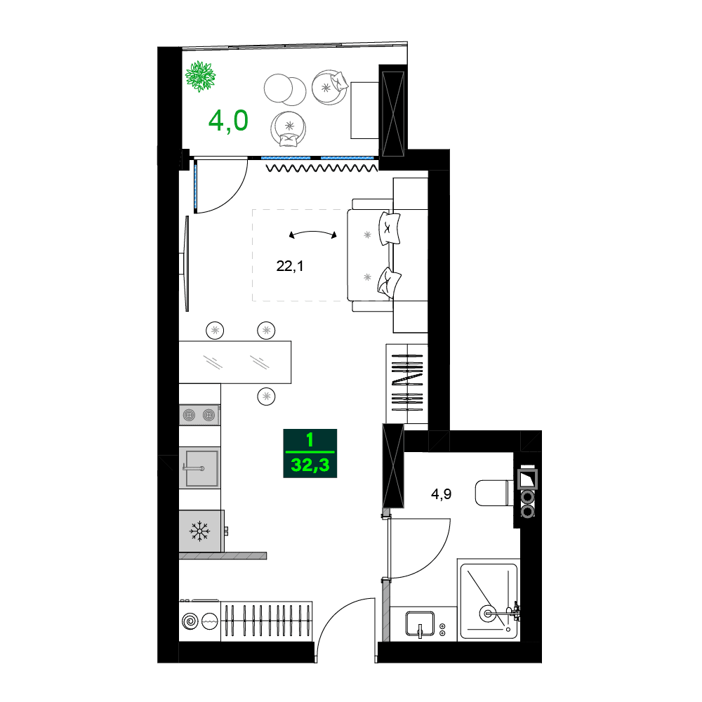 1-room, 32.3 m²