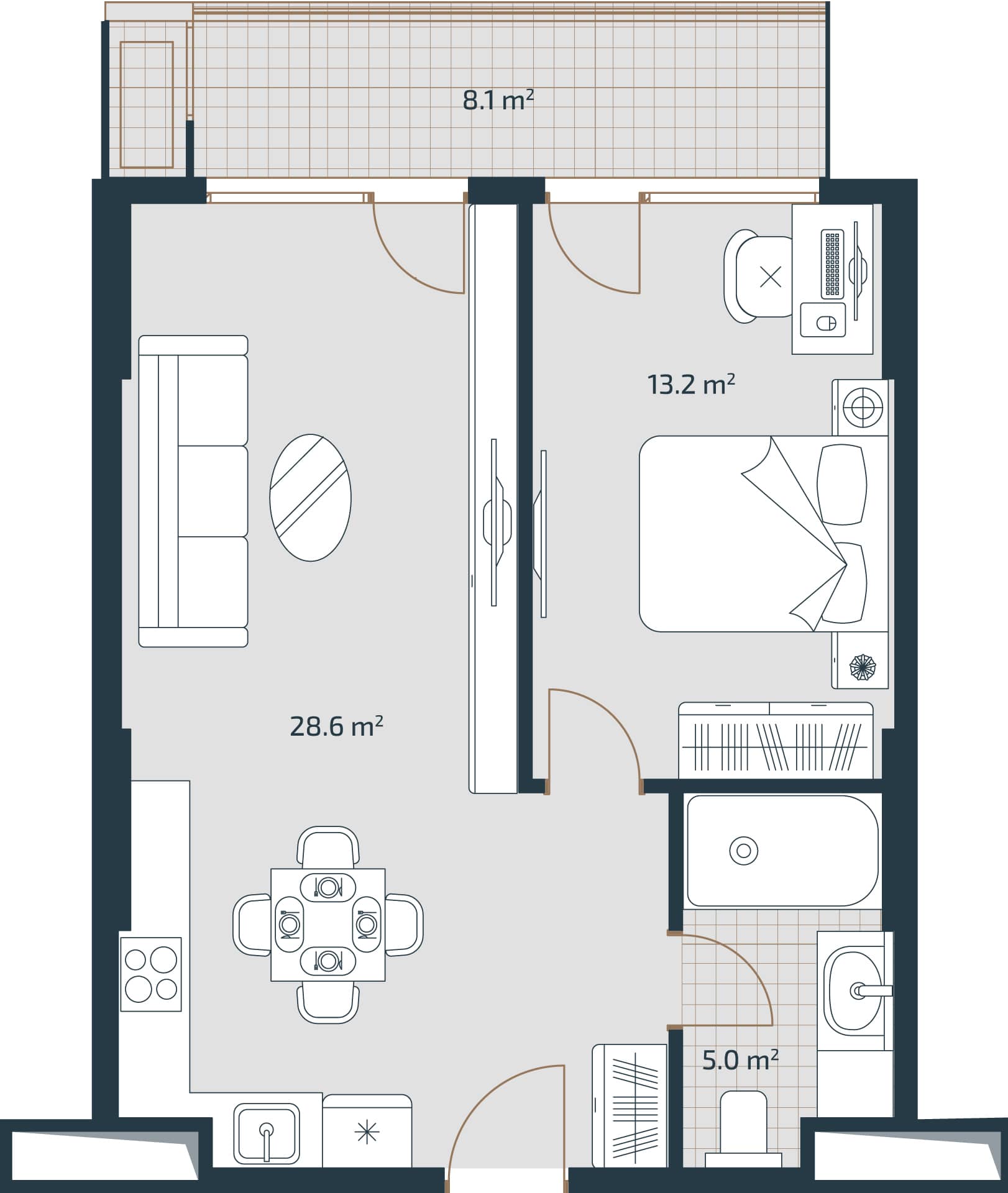1-room, 54.9 m²