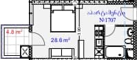 استوديو, 33.4 م²