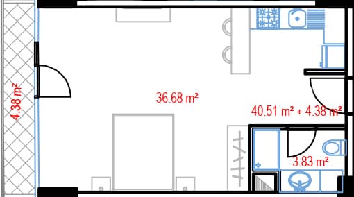 Студия, 44.9 м²