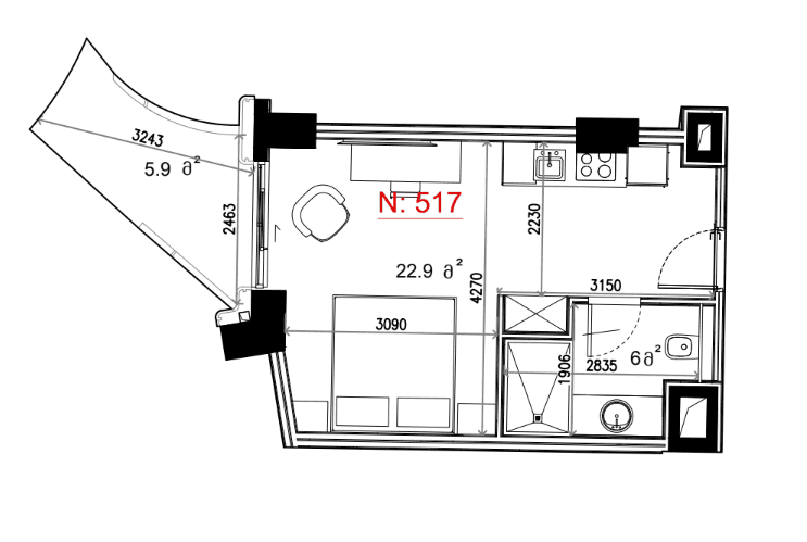 Студия, 34.8 м²