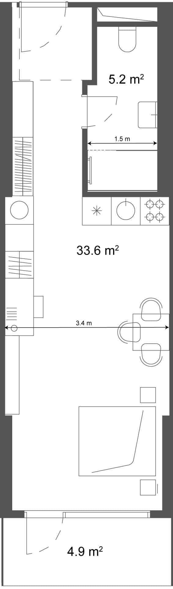 استوديو, 38.5 م²