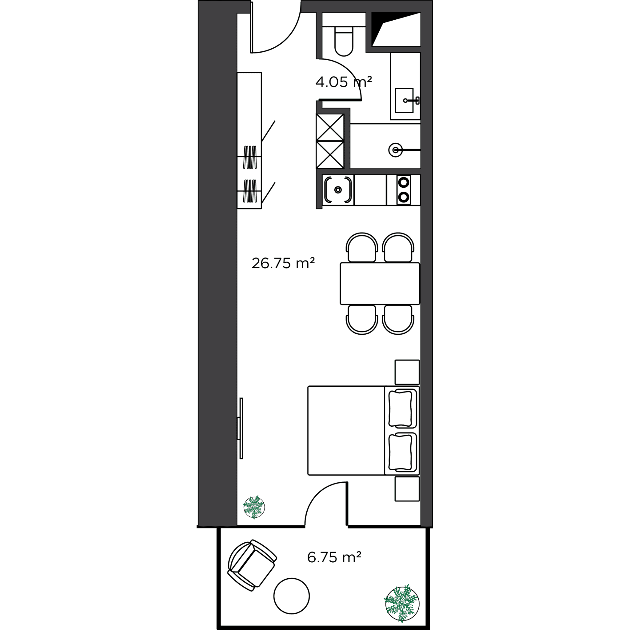 单间, 38.4 m²