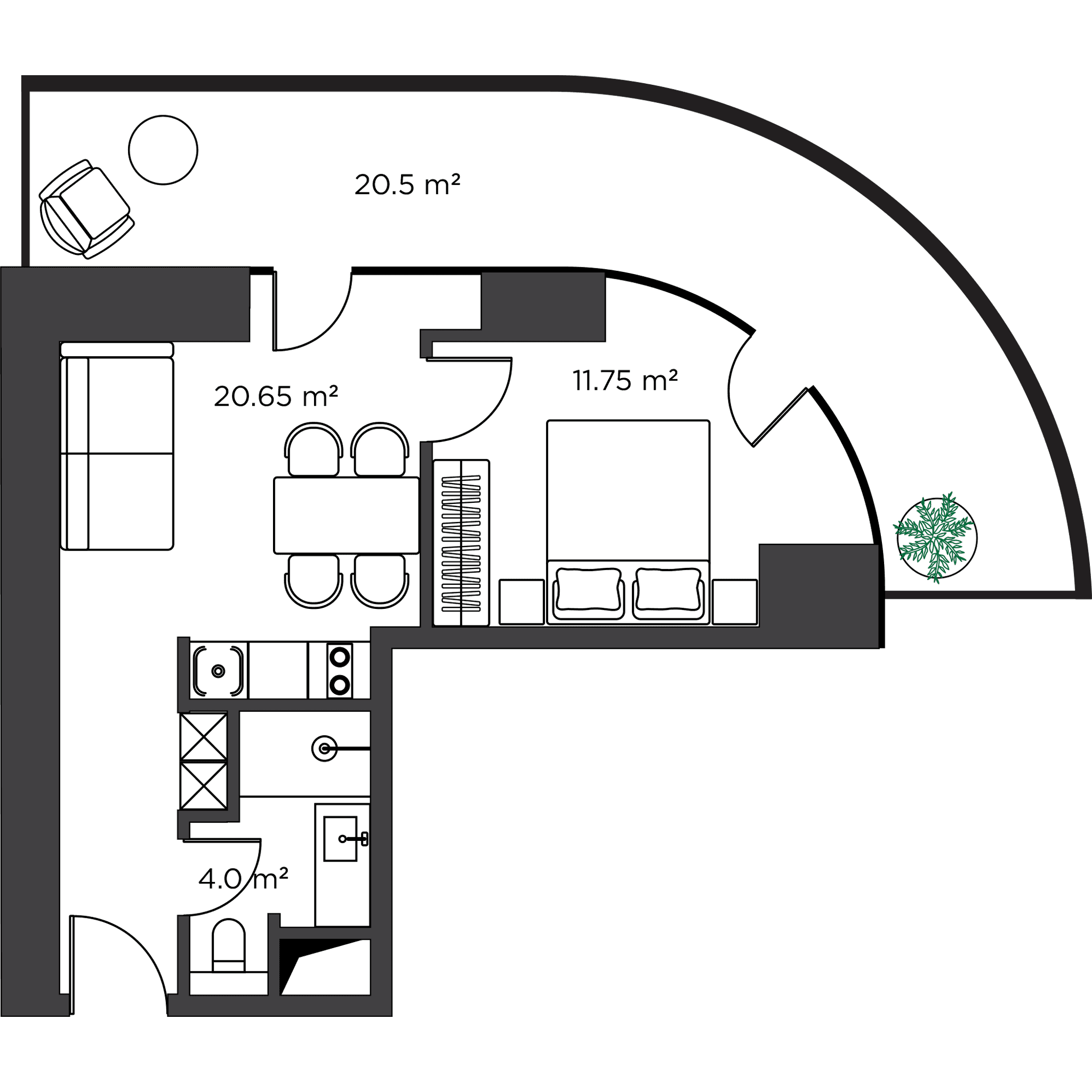 一居室, 57.5 m²