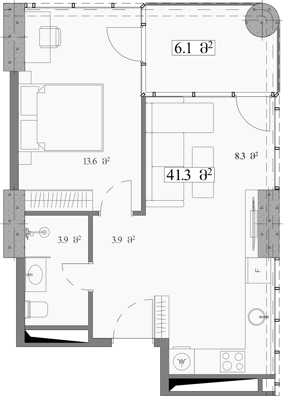 شقة بغرفة واحدة, 47.4 م²
