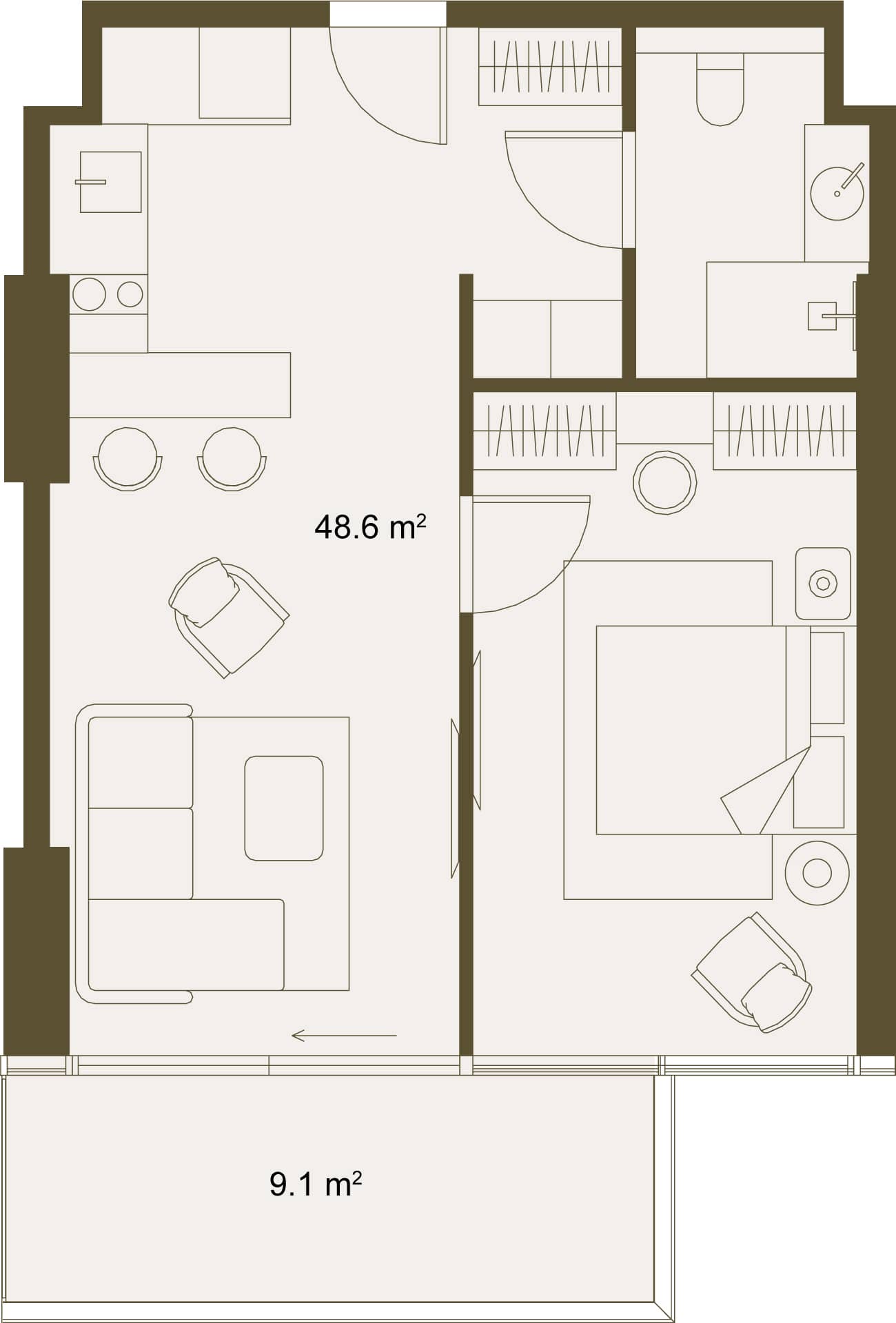 1-комн., 57.6 м²