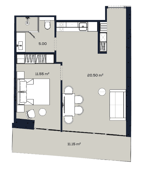 一居室, 59.6 m²