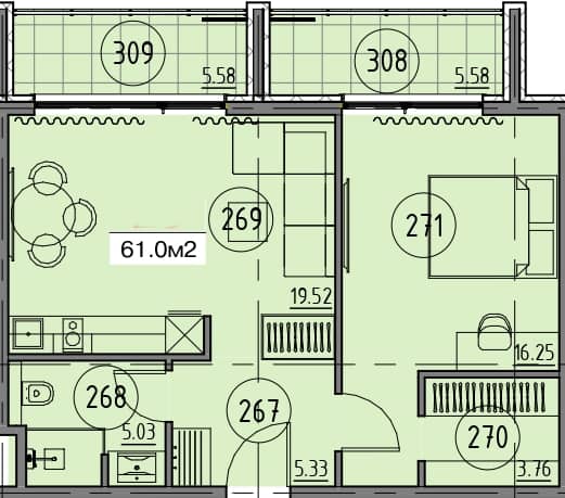 1-комн., 61 м²