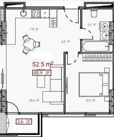 شقة بغرفة واحدة, 52.5 م²