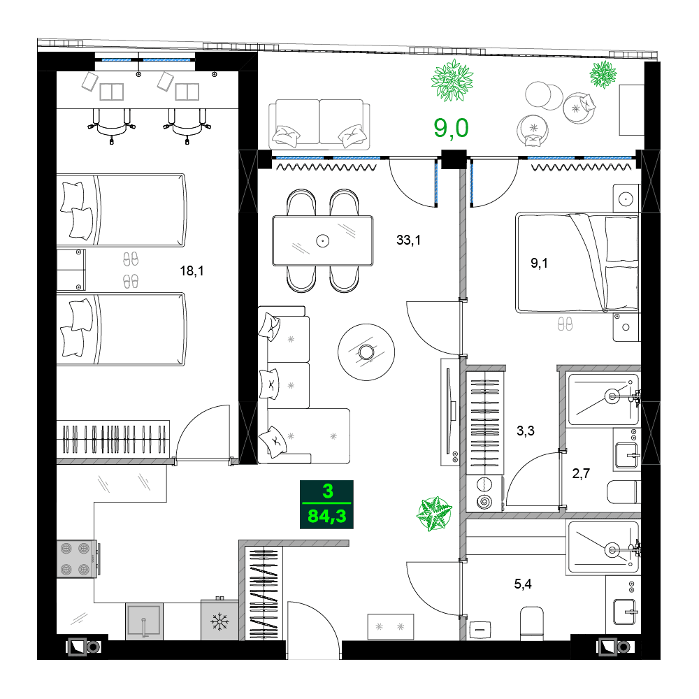 3-room, 84.3 m²