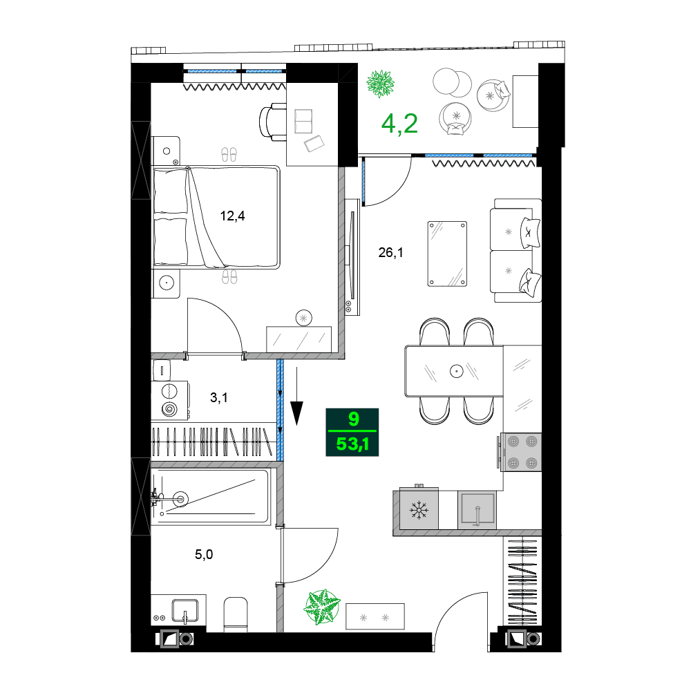 2-room, 53.1 m²
