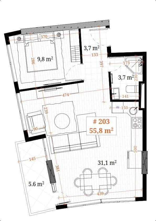1-room, 55.8 m²