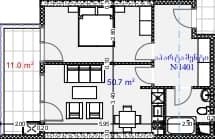 一居室, 61.7 m²
