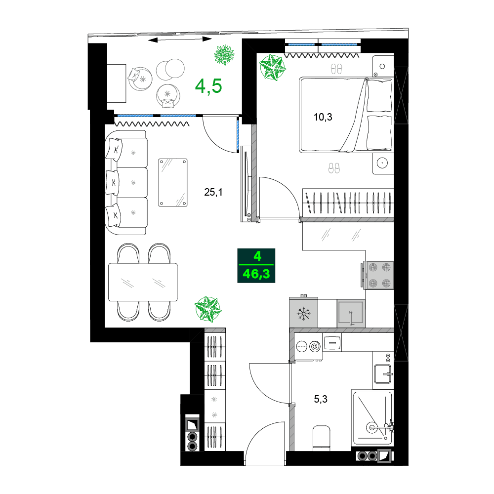 两居室, 46.3 m²