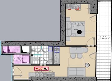 1-room, 54.2 m²