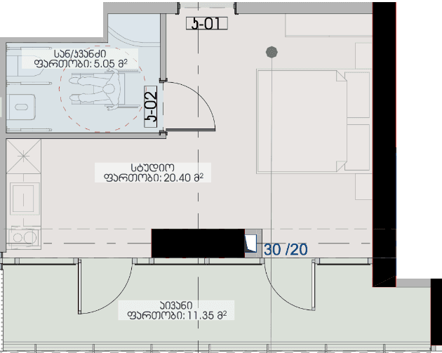 单间, 36.8 m²