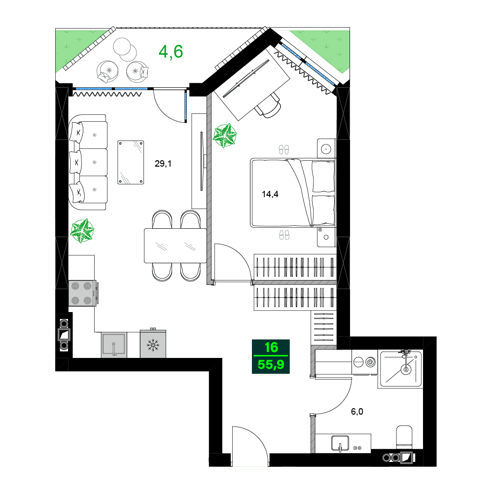 两居室, 55.9 m²