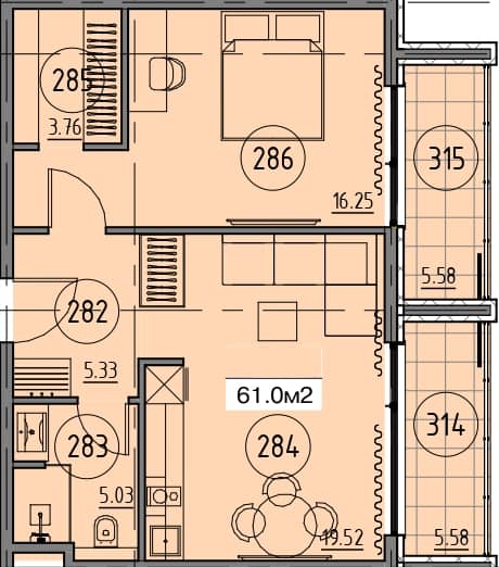 1-комн., 61 м²