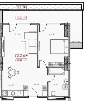 شقة بغرفة واحدة, 72.2 م²