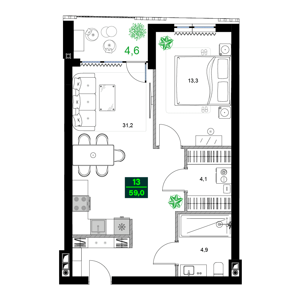 两居室, 59 m²