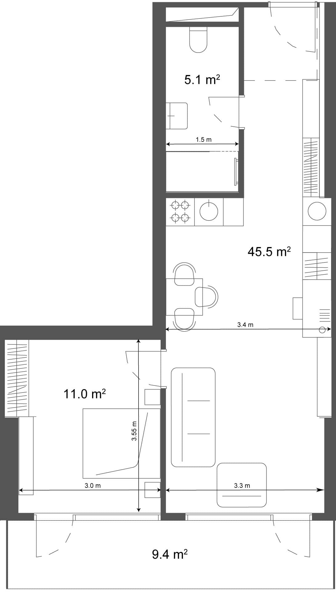 1-комн., 54.9 м²