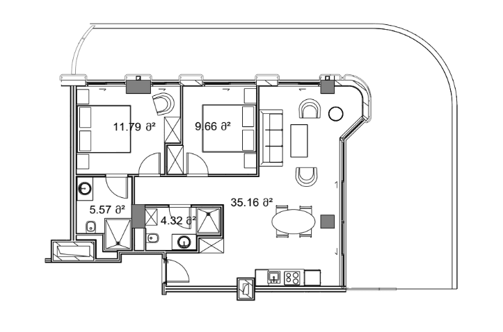 2-room, 132.9 m²